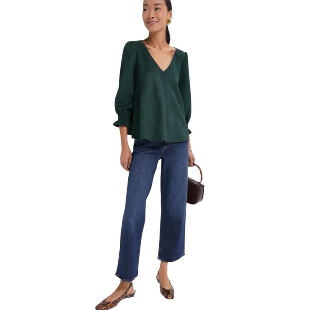 Tuckernuck Deep Green V-Neck Puff Sleeve Blouse
